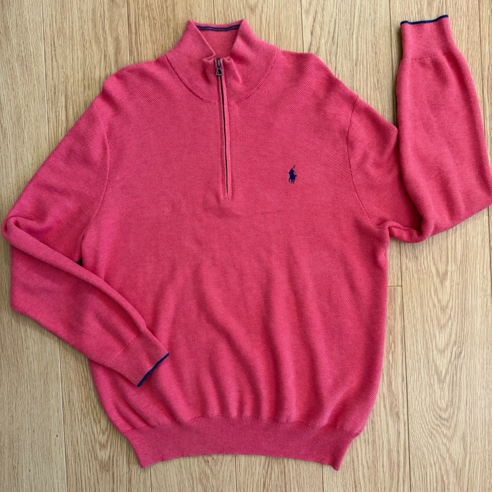 Polo Ralph Lauren Quarter Zip Mens XL Coral Pink Pima Cotton Honeycomb Sweater